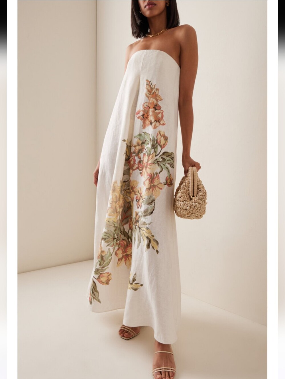 Significant Other Parisa Linen White Floral Strapless Maxi Dress Size 6